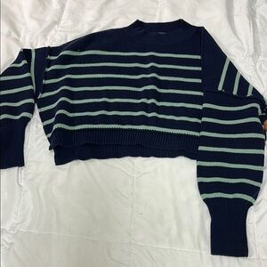 Free People Blue and Green Striped Crew Neck Sweater